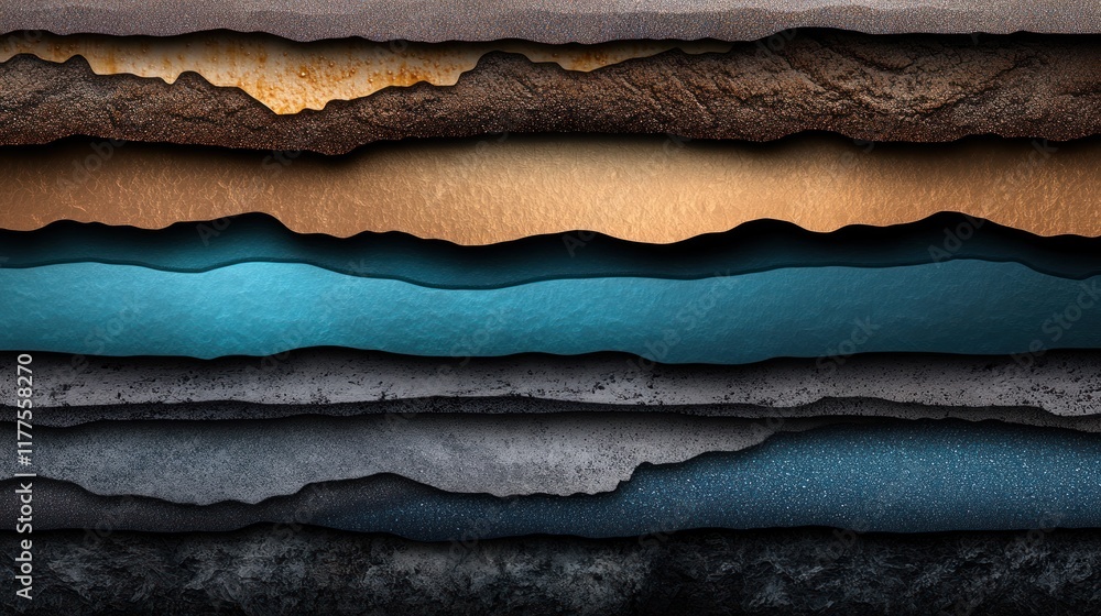 Poster abstract layers of textured materials in various colors.