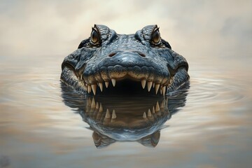Obraz premium Crocodile's head with its mouth open, partially submerged in calm water