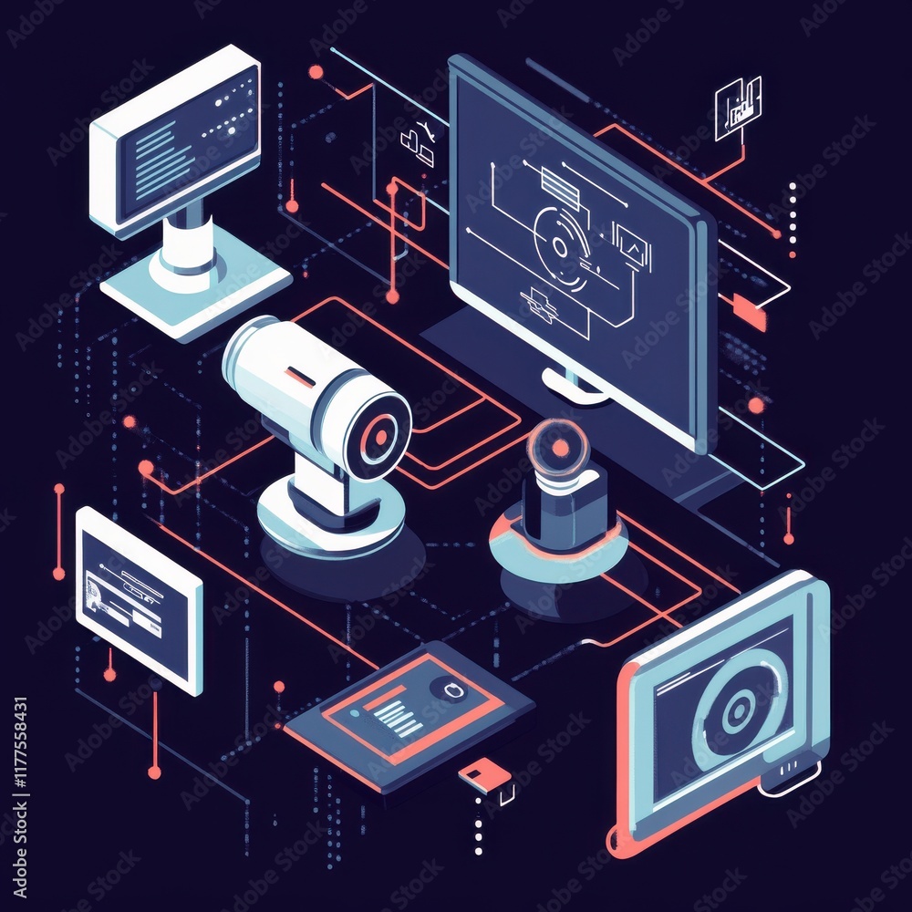 Poster futuristic tech scene featuring digital devices and interfaces in an isometric design.