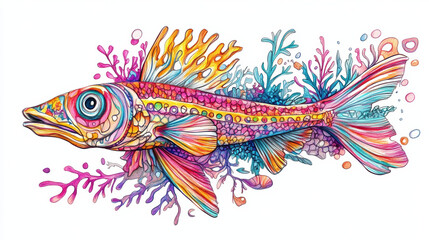 Fototapeta premium vibrant hand drawn illustration of colorful fish surrounded by coral and sea plants