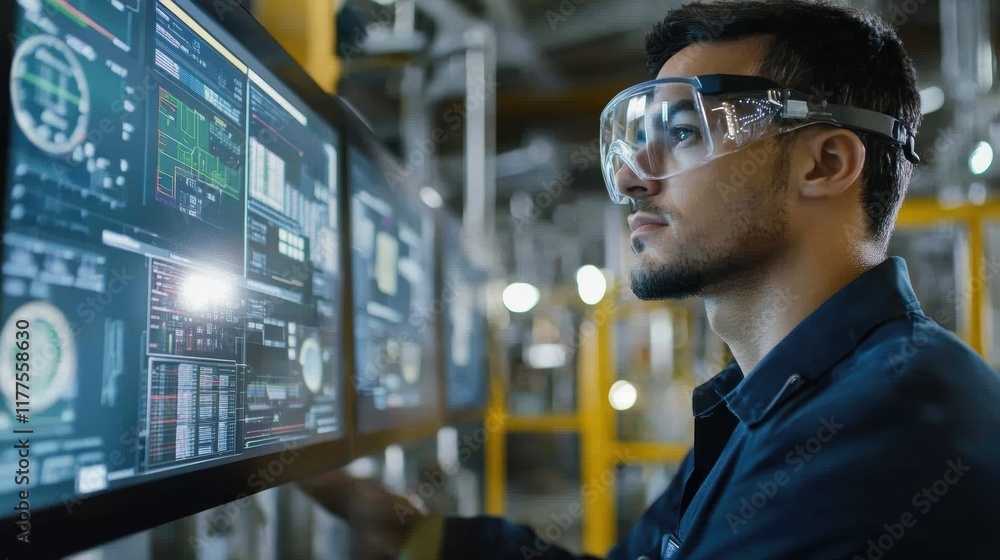 Poster industrial engineer wearing safety glasses is working with a computer showing software monitoring an