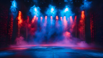 Dimly lit stage with a dark blue background empty sce