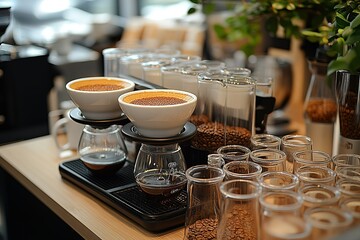 Coffee brewing station with pour-over devices, glass beakers filled with coffee beans, and freshly brewed coffee.