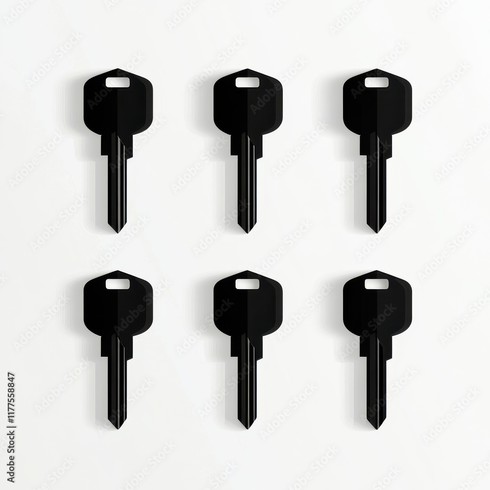 Poster six identical black keys arranged symmetrically against a light background, creating a minimalist ae