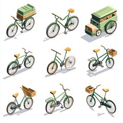Naklejka premium A collection of illustrations featuring various green bicycles and a delivery cart.