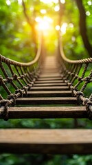 Naklejka premium Crossing a suspended bridge in lush forest nature photography serene environment close-up perspective