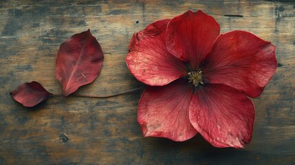 Fototapeta premium Faded Red Beauty A solitary withered bloom and its accompanying leaves rest upon a weathered wooden surface evoking a sense of delicate decay