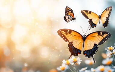 Obraz premium Three Orange Butterflies in Sunny Meadow Spring Nature Scene Blooming Flowers