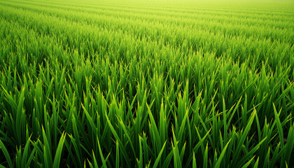 Obraz premium Green rice field during sunrise with fresh grass blades for agricultural landscape concept