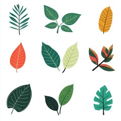 Obraz premium Variety of colorful leaves in a flat design, showcasing nature's beauty and diversity.