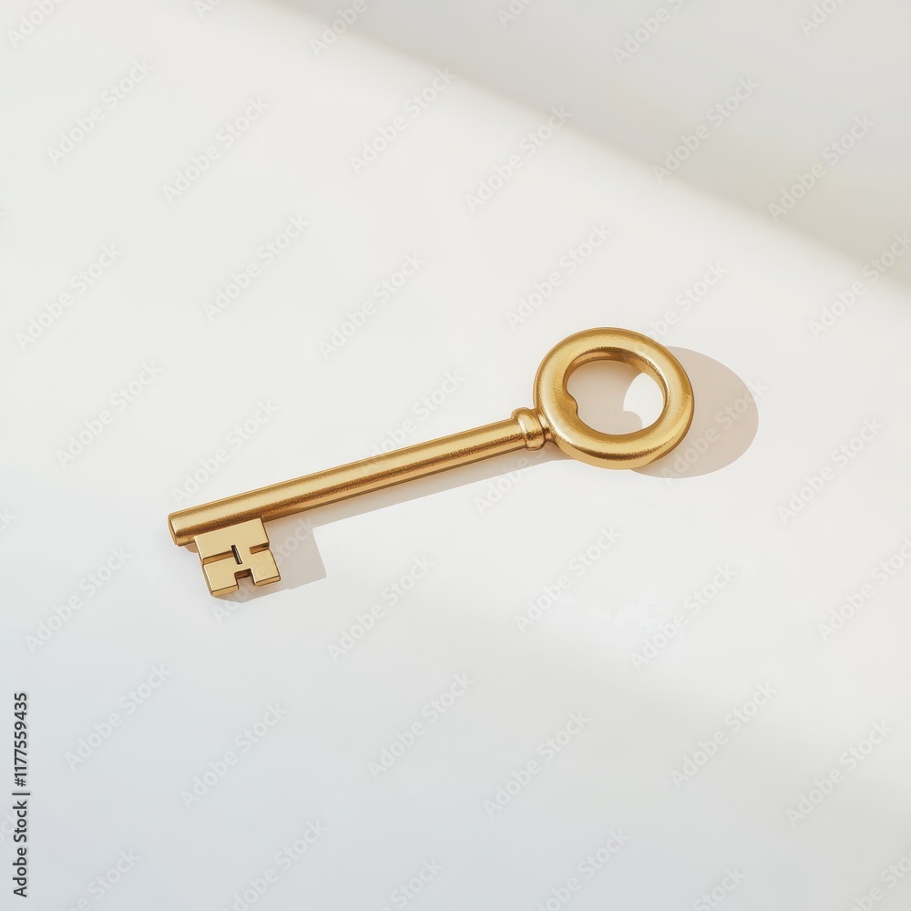 Poster A shiny gold key resting on a smooth surface, casting a soft shadow in a bright, minimalistic setting.