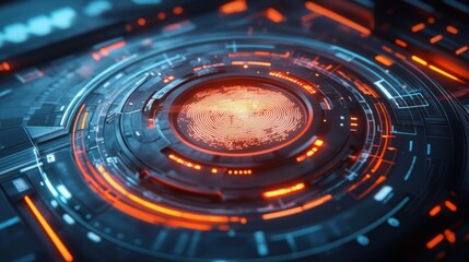 Obraz premium Abstract technological background featuring an intricate fingerprint pattern surrounded by glowing digital elements, creating a futuristic design with vibrant colors and details.