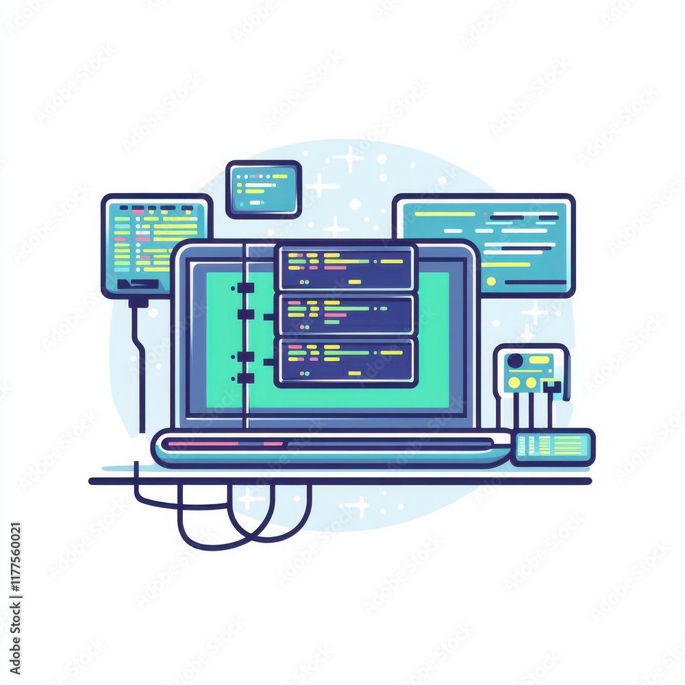 Poster stylish digital illustration of a computer with code on multiple screens, showcasing a tech-savvy en