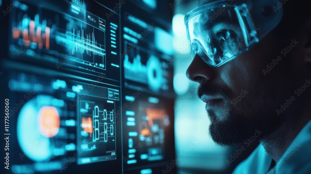 Poster scientist wearing protective glasses analyzing data on multiple computer screens in a high tech labo