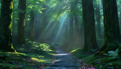 Obraz premium Tranquil Forest Pathway Surrounded By Towering Trees