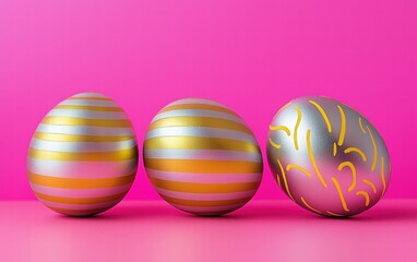 Metallic gold and silver Easter eggs with bold stripes on a neon fuchsia background