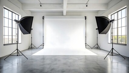 Fototapeta premium Minimalist Photography Studio with White Backdrop, Softbox Lights, and Natural Lighting for Professional Portrait and Product Shoots