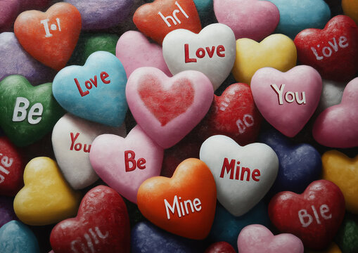 Colorful heart-shaped candies with affectionate messages like "Love," "Be," and "Mine," perfect for expressing love and friendship.