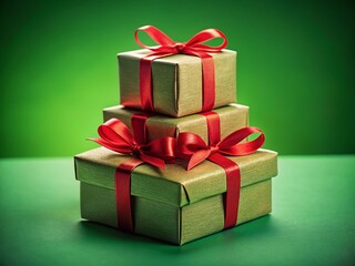 Obraz premium Miniature Gift Boxes: Stacked Presents with Red Ribbons on Green Background - Tilt-Shift Photography