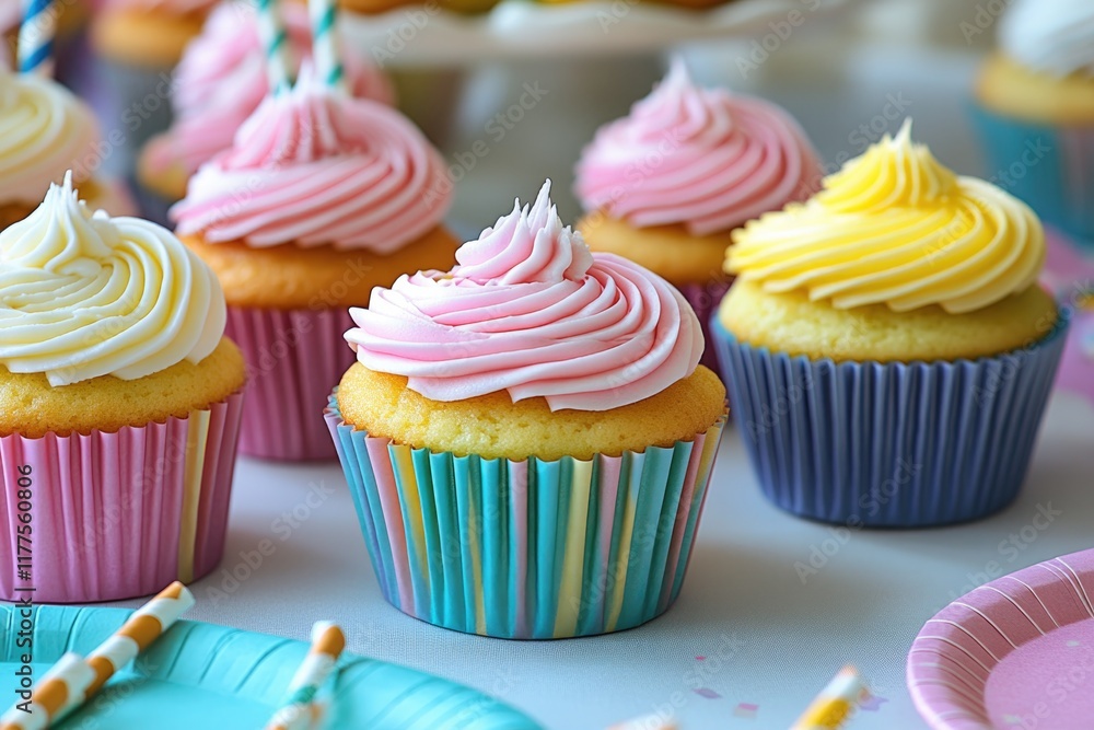 Aufkleber close-up of party table with colorful cupcakes paper plates and straws arranged neatly under soft na