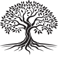 Majestic oak tree vector illustration with roots and branches artwork
