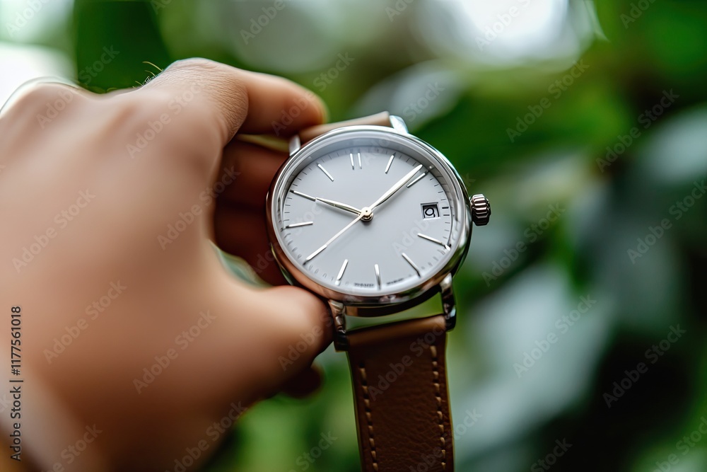 Poster close-up of person hand adjusting time on analog watch framed by softly blurred greenery in backgrou