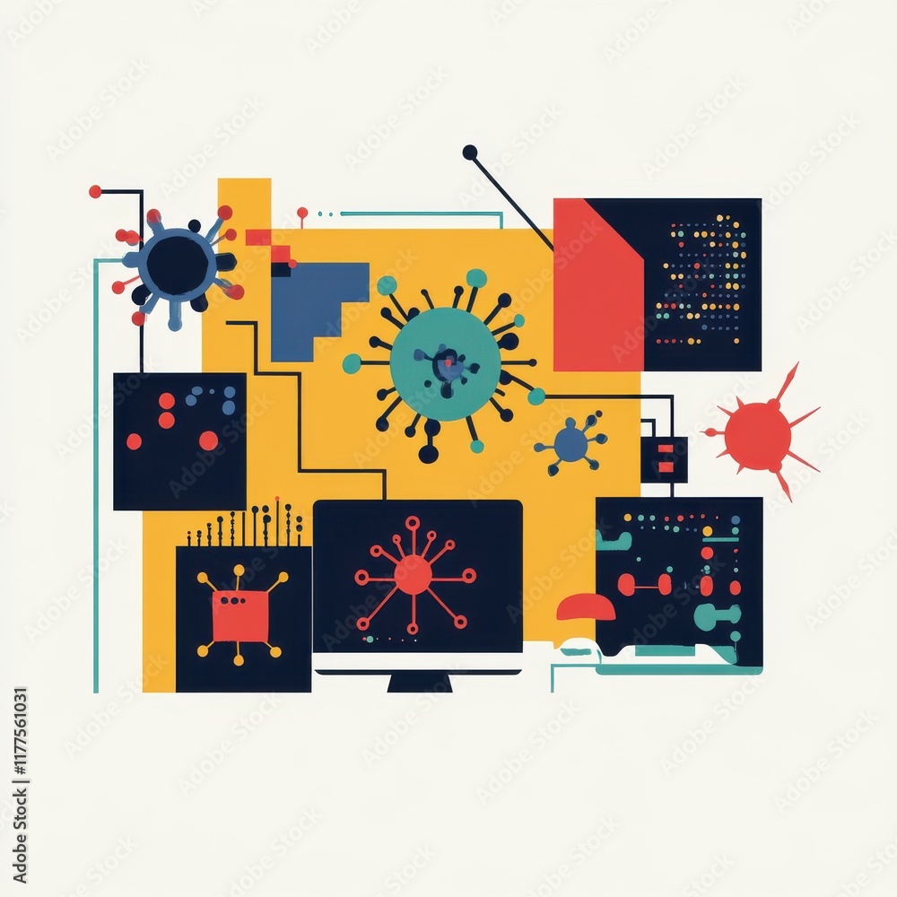 Poster abstract digital illustration depicting interconnected nodes and virus-like structures in vibrant co