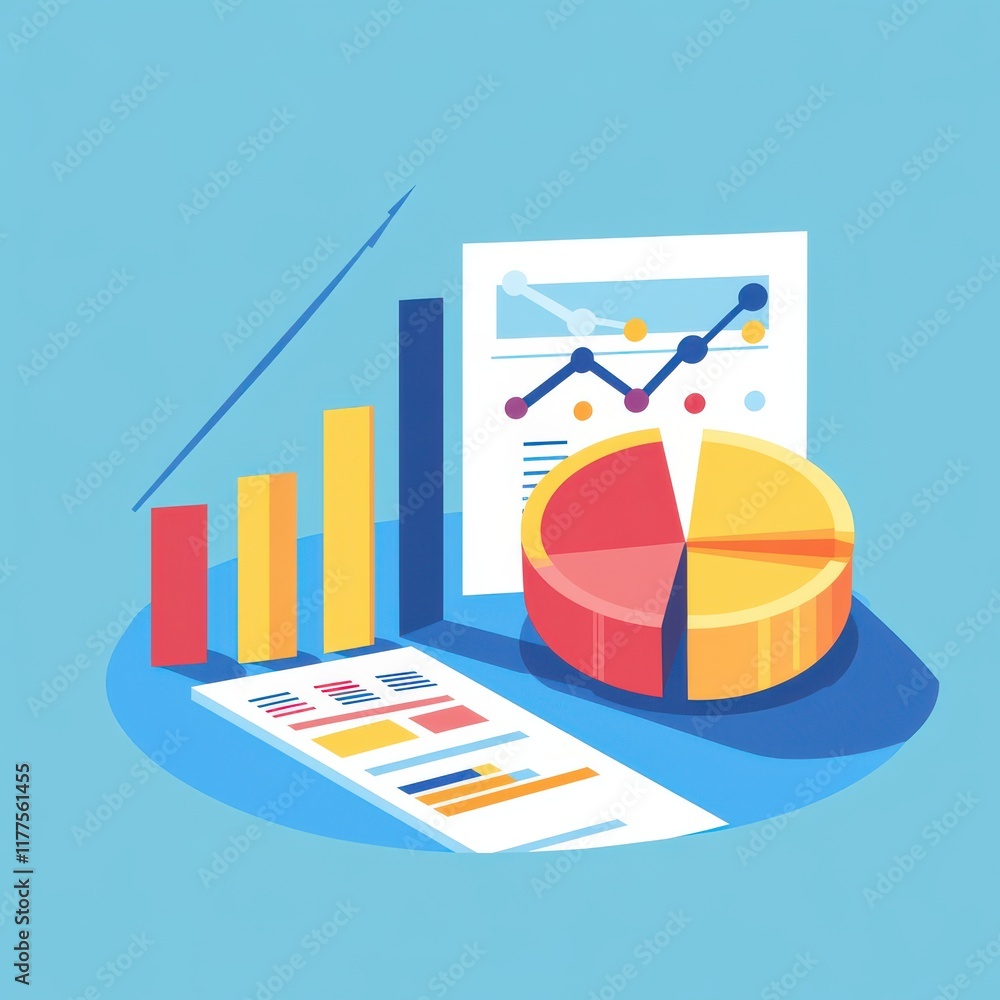 Poster colorful charts and graphs illustrating business analytics and performance metrics on a blue backgro