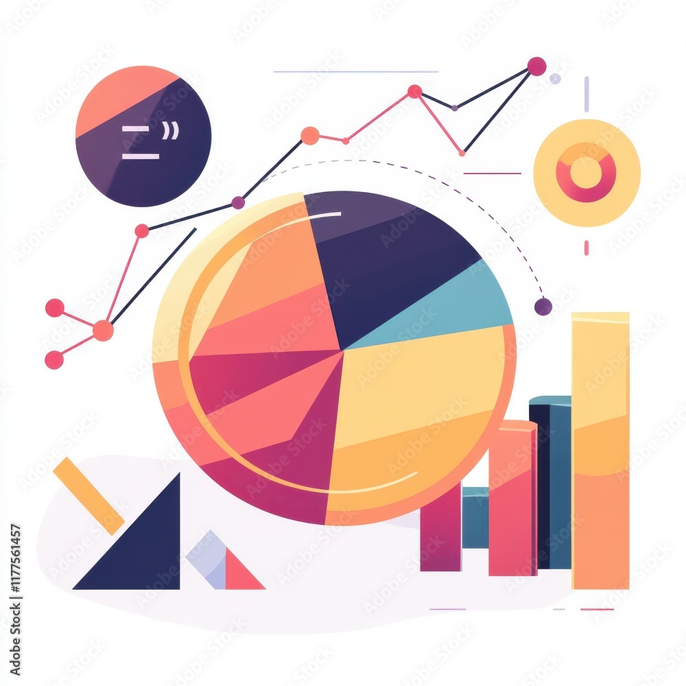 Poster colorful abstract infographic with pie chart and bar graphs illustrating data trends.