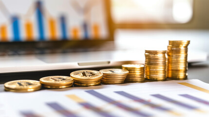 Financial Charts and Coins on Laptop Screen in Bright Office, Symbolizing Digital Marketing via Mobile Apps for Online Profitability