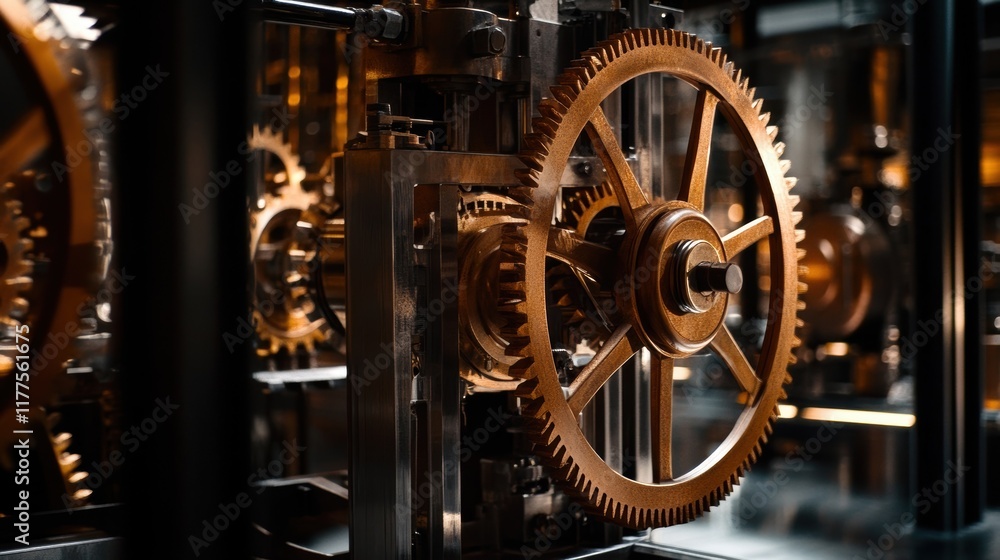 Poster polished brass gears interlock and rotate within a larger intricate mechanism, showcasing precision 