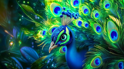 Vivid Blue Peacock Tail Feathers in Close-Up