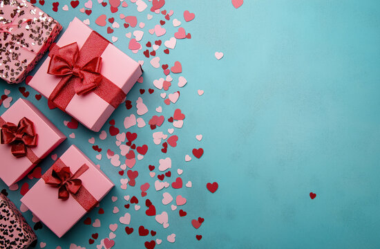A collection of beautifully wrapped gifts with bows, surrounded by colorful heart-shaped confetti on a vibrant teal background.