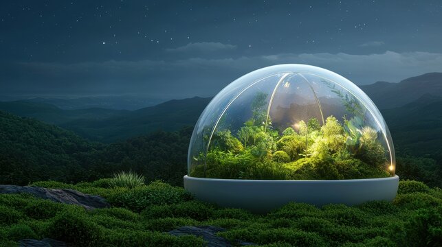 Self-sustaining Ecosystems. A futuristic glass dome habitat surrounded by lush greenery under a starry night sky.