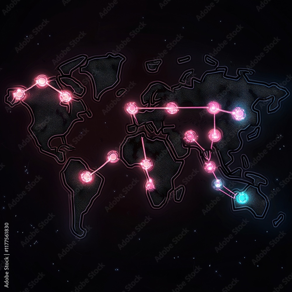 Poster abstract global network map with glowing connections showcasing technological advancement in a dark 