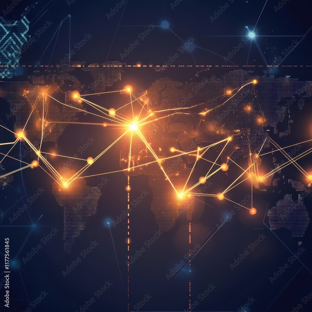 Poster abstract digital world map with glowing connections, symbolizing global communication and technology