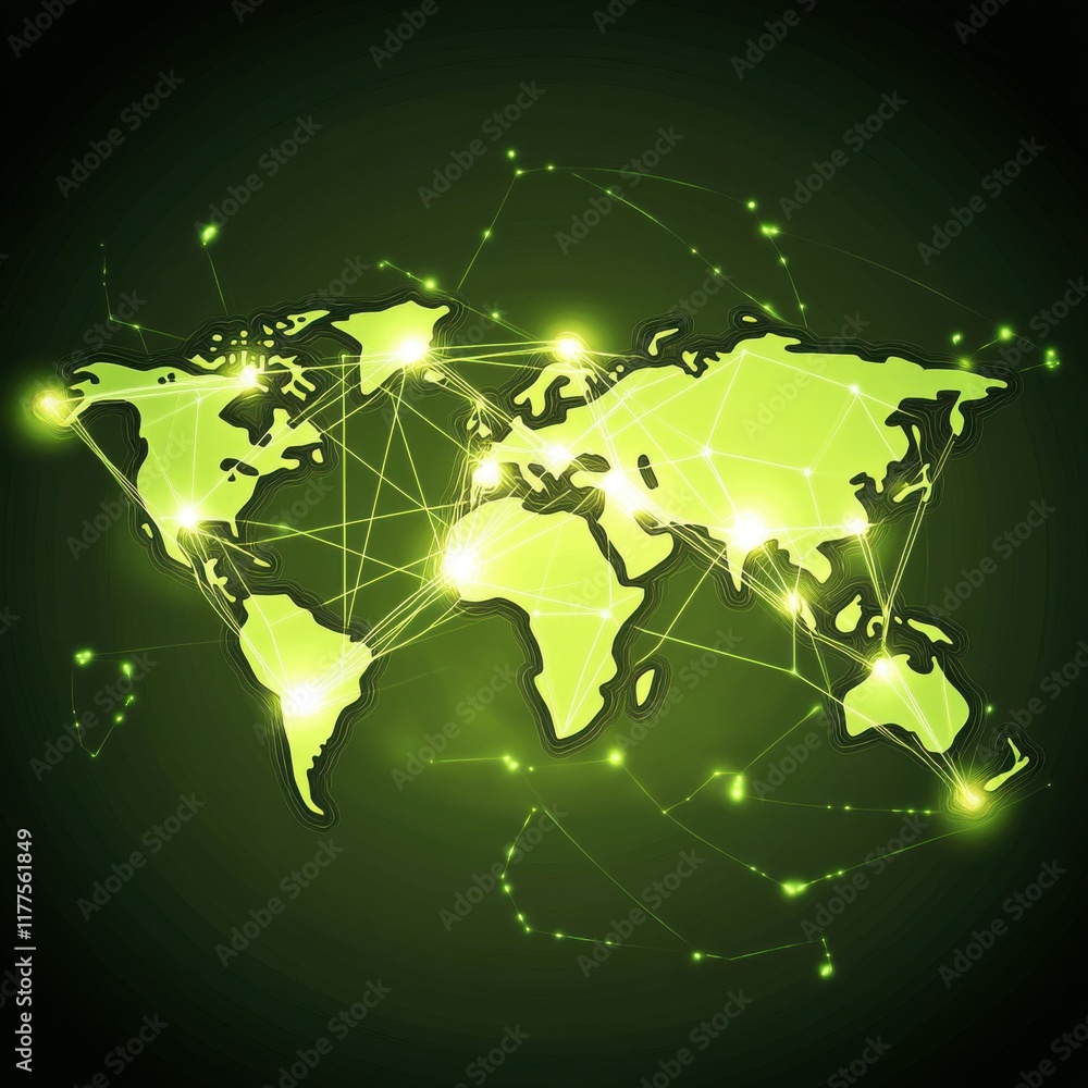 Poster a glowing green world map with interconnected nodes symbolizing global connectivity and technology.