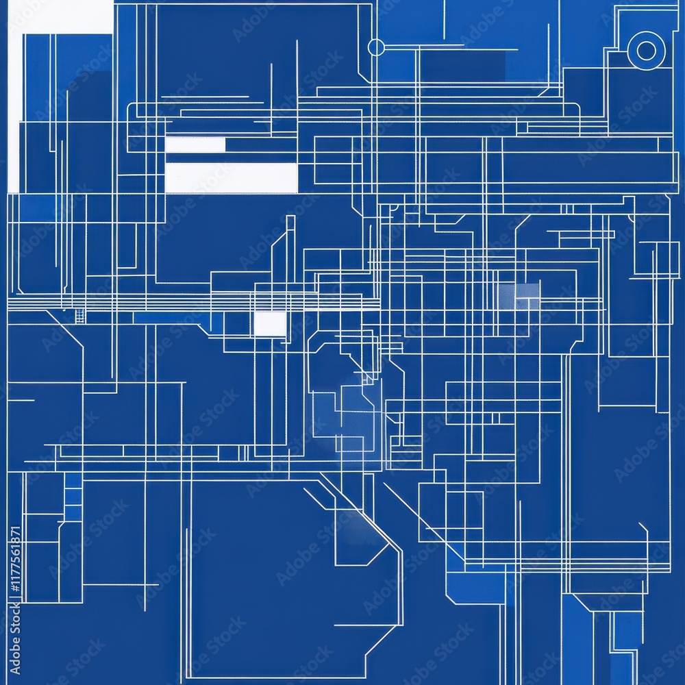 Poster abstract blue blueprint design with intricate white line patterns and circuit-like structures.