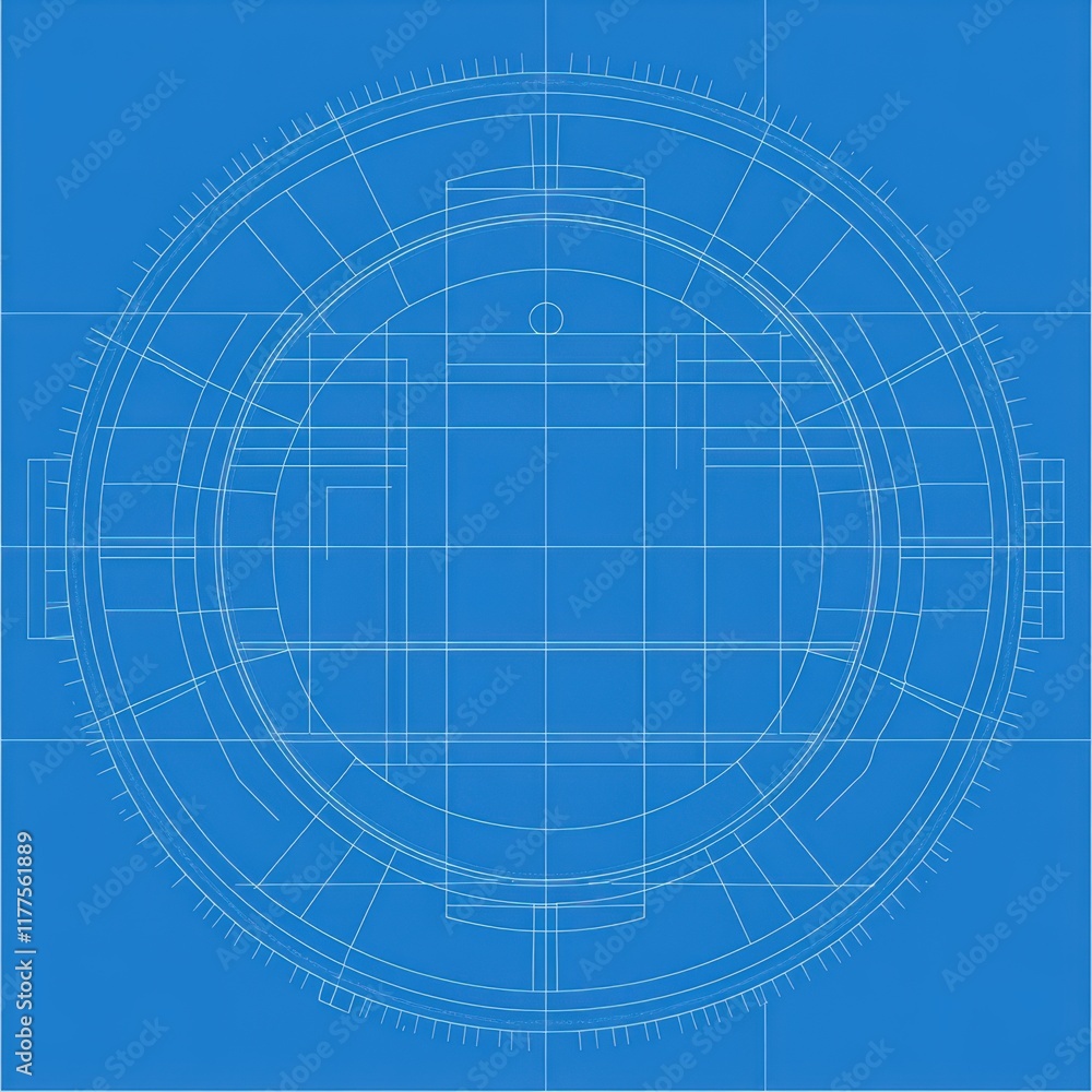 Poster technical blueprint of a circular structure on a vibrant blue background.