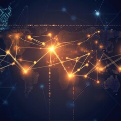 Abstract digital world map with glowing connections, symbolizing global communication and technology.