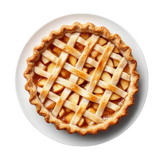 freshly baked apple pie with a golden-brown lattice crust. showcasing a classic dessert the pie is presented on a white plate. emphasizing its appetizing appearance. making it ideal for holiday gather