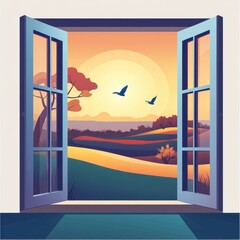 A tranquil landscape view from an open window at sunset, featuring vibrant colors and flying birds.