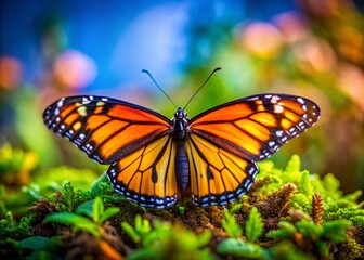 Fototapeta premium Miniature Monarch Butterfly Wings Spread Wide, Tilt-Shift Macro Photography