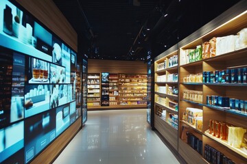 Obraz premium A sleek retail store with walls entirely made of live digital displays showcasing dynamic products,