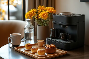 Hotel room amenities: coffee maker, pastries, and water.