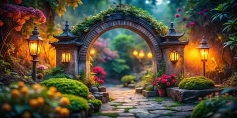 Obraz premium Miniature Mystic Garden: Intricate Archway with Glowing Lanterns