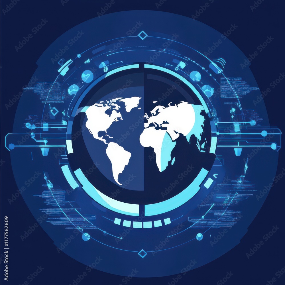 Poster futuristic digital globe with data visualization elements, highlighting global connectivity and tech