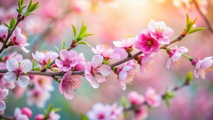 Naklejka premium Miniature Peach Blossom Branch, Spring Bloom, Tilt-Shift Photography, Soft Focus Background