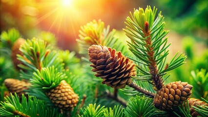 Miniature Pine Tree Branch with Cones - Tilt-Shift Photography