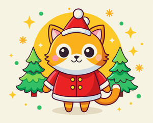 Cute Cartoon Cat in Santa Claus Outfit – Christmas Holiday Character Illustration